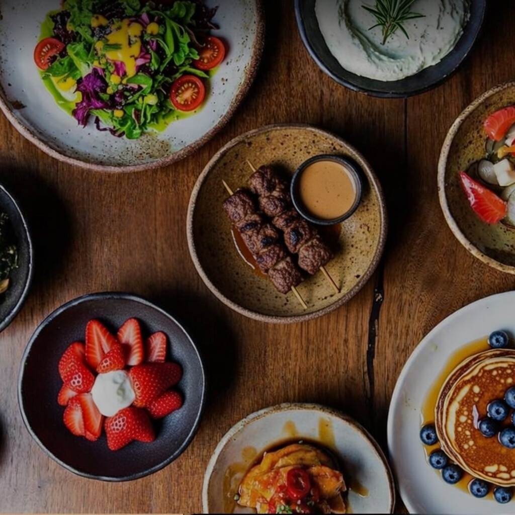 Beautifully plated dishes on a warm wood table